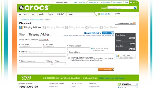 Crocs guides shoppers through the sales funnel one step at one time